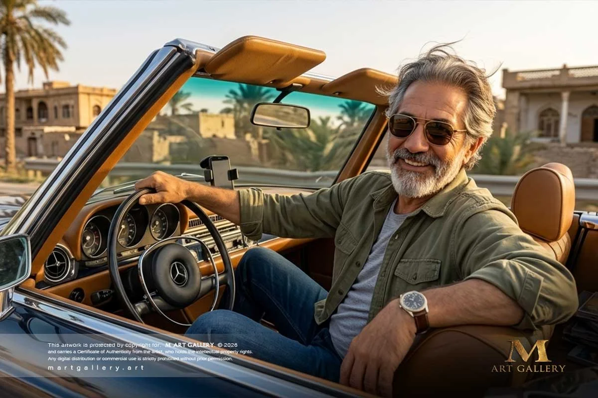 An intimate portrait of artist Eyad Sharawe, capturing a moment of profound contemplation amidst Basra’s serene landscapes in his classic cabriolet.