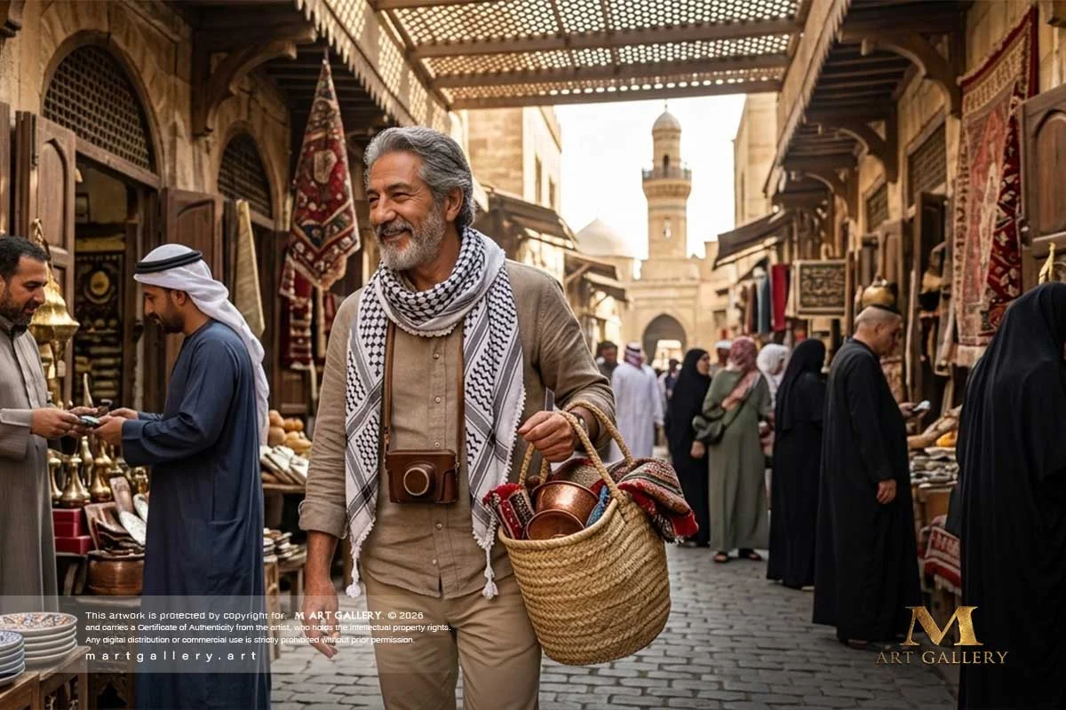 Eyad Sharawe immersing himself in the timeless alleys of a historic Iraqi heritage market, drawing creative inspiration from ancestral architecture and artifacts.