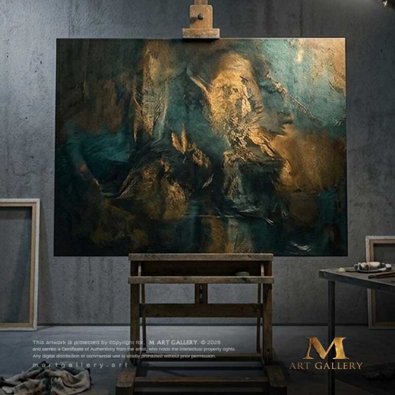 A mysterious cinematic shot inside the artist's studio, showcasing his upcoming painting