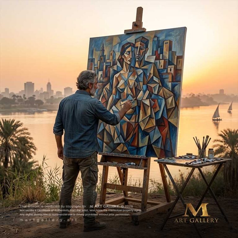 A cinematic shot from behind artist Ayad Al-Shaarawi as he crafts geometric Cubist forms on a massive canvas, merging with the breathtaking nature of Dahab Island and the Nile at sunrise.