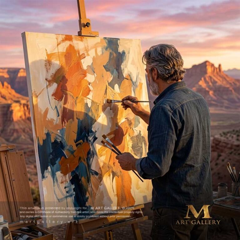 A cinematic shot from behind artist Ayad Al-Shaarawi as he applies heavy strokes to a massive abstract canvas, reflecting the warmth and terrain of the surrounding desert mountains at sunset.