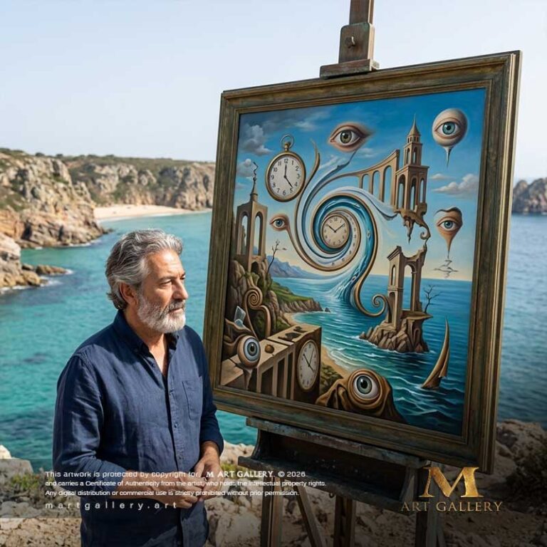 Artist Ayad Al-Shaarawi contemplates his massive surrealist canvas on a coastal cliff, where symbols of time and artistic eyes merge with the serene ocean waves.