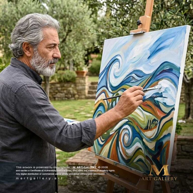 Artist Ayad Al-Shaarawi caught in a natural outdoor moment, applying brushstrokes to an abstract expressionist canvas featuring blue waves blended with warm, earthy lines.