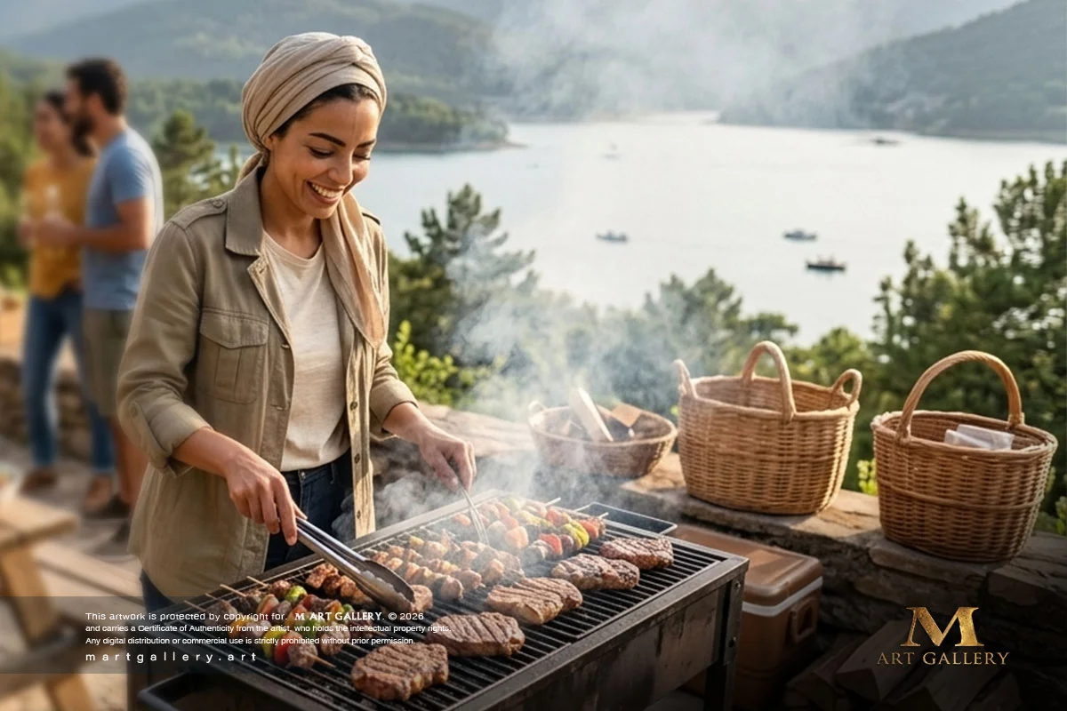 A cheerful, radiant portrait of artisan Ibtisam Jamjoom in her elegant hijab, hosting a warm family barbecue within a vibrant outdoor terrace.