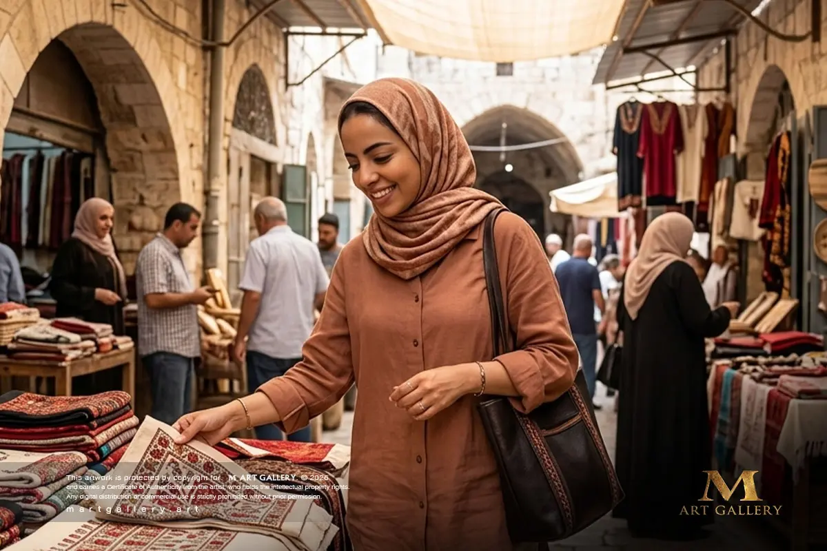 Artisan Ibtisam meticulously examines exquisitely embroidered Palestinian heritage textiles during an inspiring stroll through the historic alleys of Hebron's old souk.