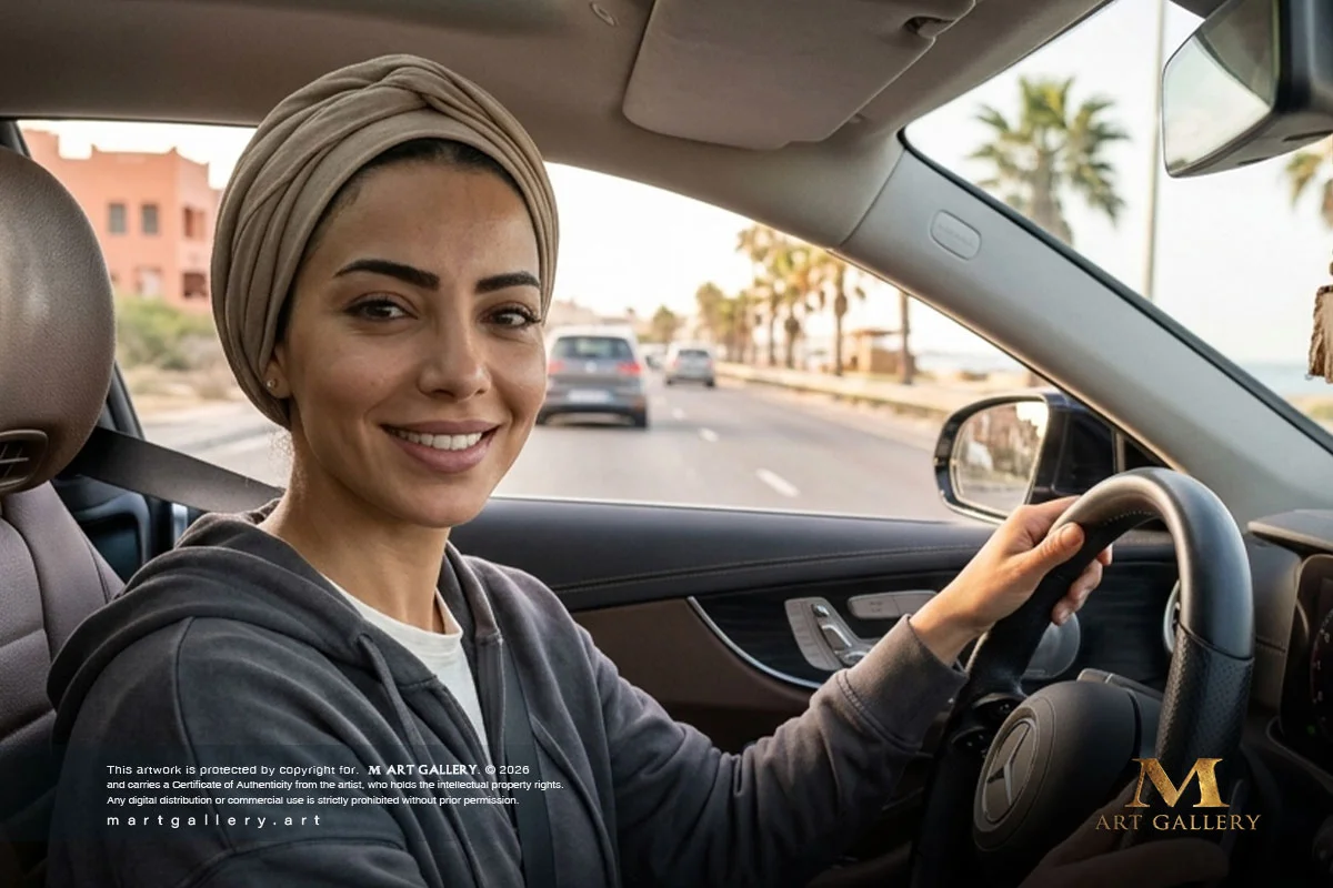 A dynamic and contemporary depiction of Ibtisam in casual attire and her signature hijab, confidently navigating her coupe along a sun-drenched coastal highway.