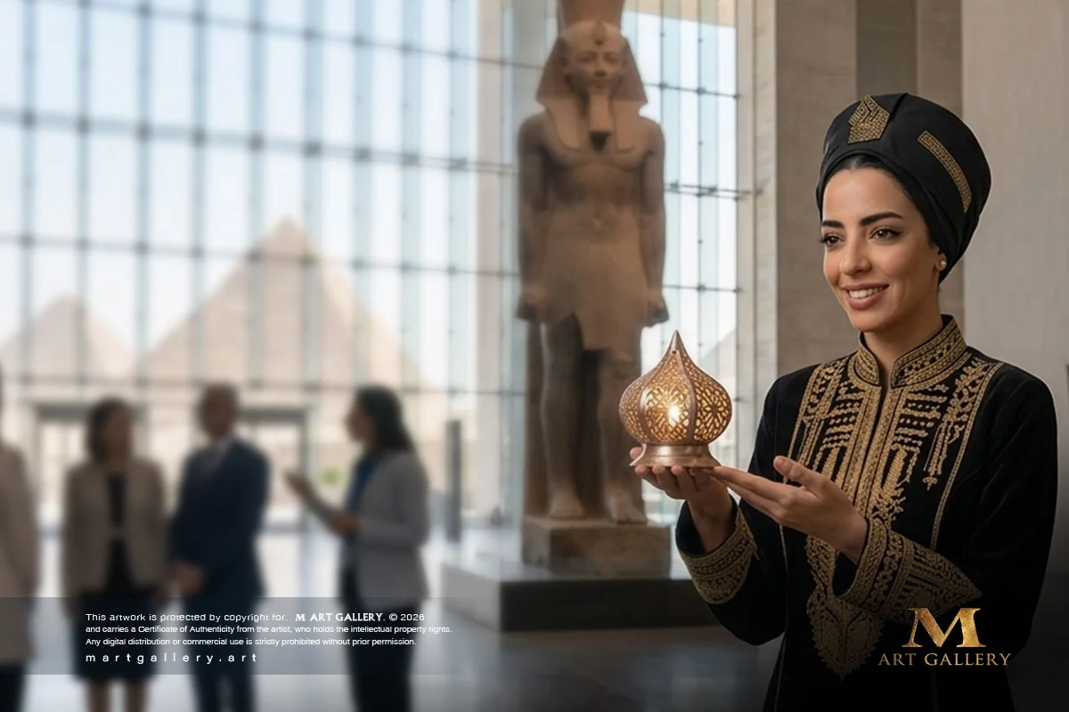 A majestic and dignified presentation of artisan Ibtisam Jamjoom in a lavishly embroidered black and gold gown, standing as a creative icon within the grand hall of the Egyptian Museum