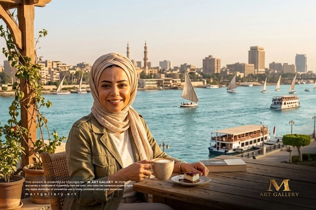 Ibtisam enjoys her morning coffee on a scenic terrace overlooking the majestic Nile in Cairo, seamlessly blending her practical attire with her sophisticated, identity-defining hijab.