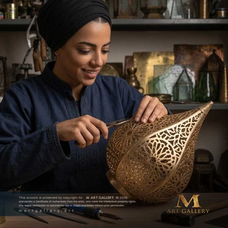 A luxurious royal brass lamp, handcrafted with intricate geometric engravings that filter light to reflect traditional warmth and oriental charm.
