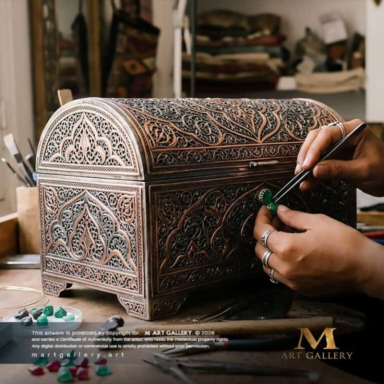 A luxury jewelry box tailored for high society, crafted from precious wood and polished brass, and adorned with delicate filigree and premium gemstones.