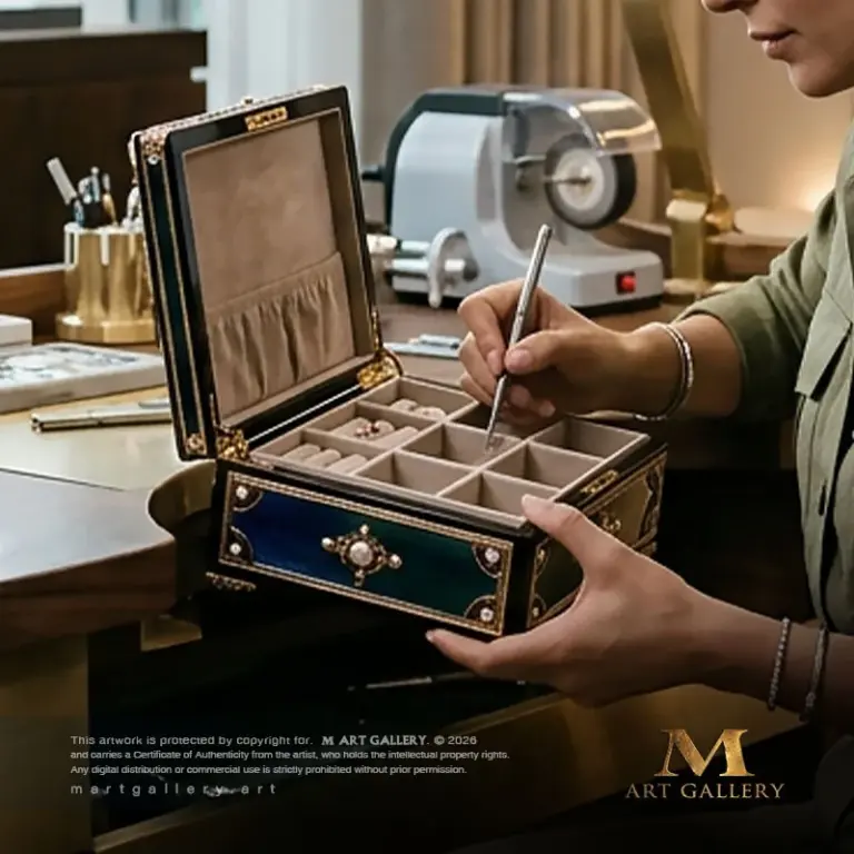 A luxury jewelry box tailored for high society, crafted from precious wood and polished brass, and adorned with delicate filigree and premium gemstones.