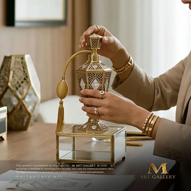 A royal perfume sprayer featuring a complex geometric design that blends polished brass with luxury glass, embodying modern opulence for precious scents.