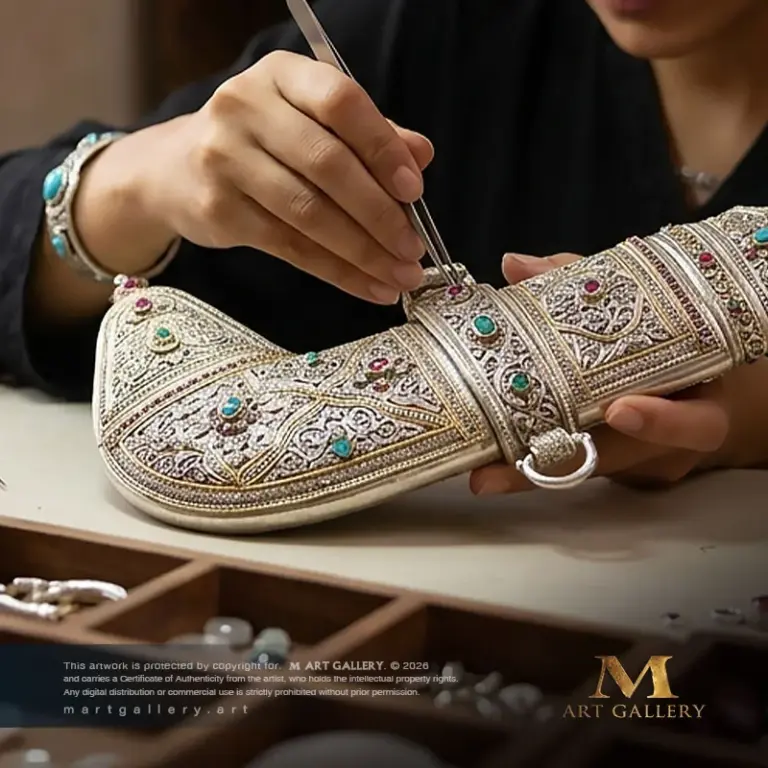 A majestic traditional dagger crafted with exceptional skill, featuring a silver and brass sheath and hilt with intricate filigree encrusted with fine gemstones.