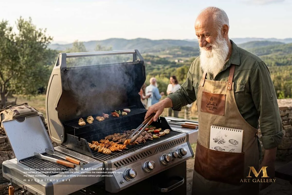 Beyond his canvas, Jilali embraces the art of open-air grilling amidst Tétouan’s hills; donning his leather apron, he captures a moment of pure warmth, blending rustic living with authentic Moroccan hospitality.
