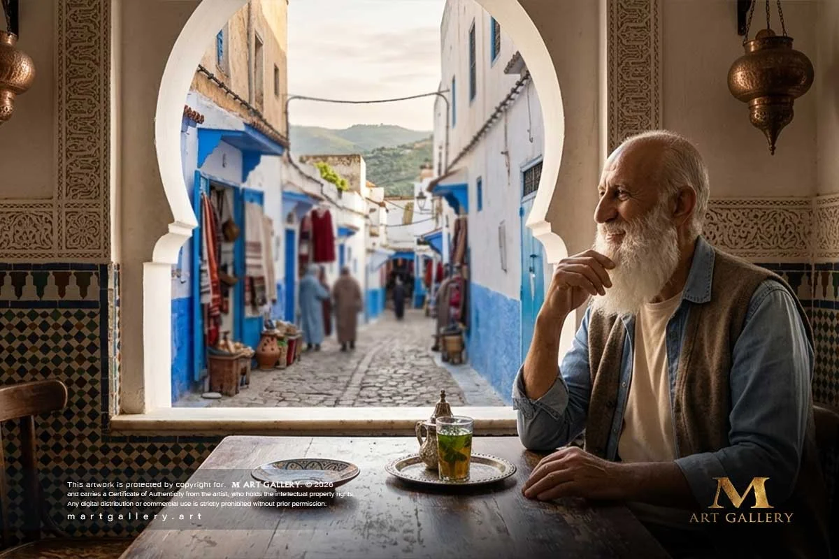 In a quiet moment of reflection within a historic courtyard, the artist savors traditional mint tea; absorbing the majestic blue alleyways that sub-consciously inspire the geometric contours of his next masterpieces.