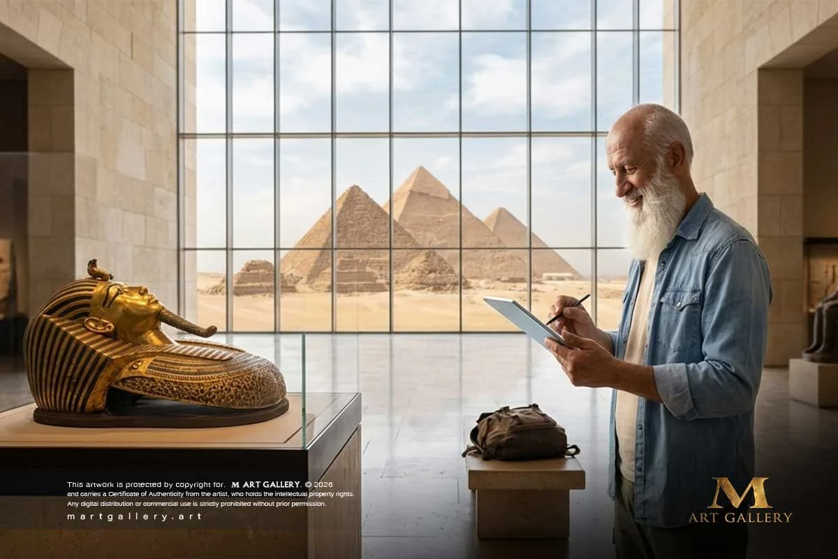 Jilali stands captivated by King Tut's mask and the Pyramids from within the Grand Egyptian Museum, recording digital notes in a rare cross-cultural encounter that bridges North African artistry with timeless human civilization.