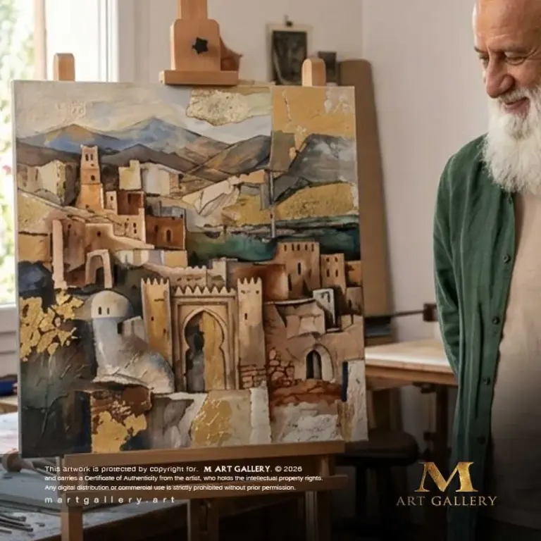 Master painter Jilali Chekroun contemplates the genesis of his latest masterpiece—a profound visual dialogue where the rugged clay architecture of the Atlas foothills seamlessly merges with warm twilight hues.