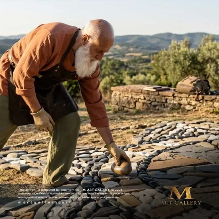 In an unprecedented experimental move, Jilali Chekroun manually manipulates raw river stones, unveiling a bold new artistic direction toward high-relief installation murals rooted in the rugged terrain.