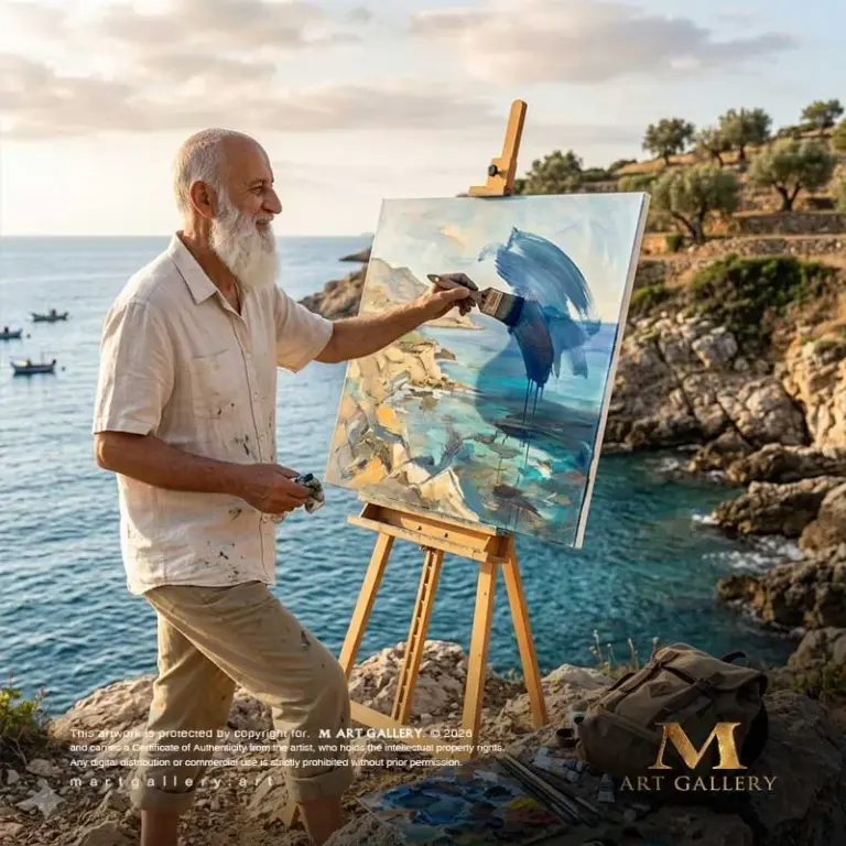 Facing the vast Mediterranean coastline, the artist applies bold, sweepings of museum-blue pigments, capturing the rhythmic movement of waves and traditional fishing boats in his signature impressionistic style.