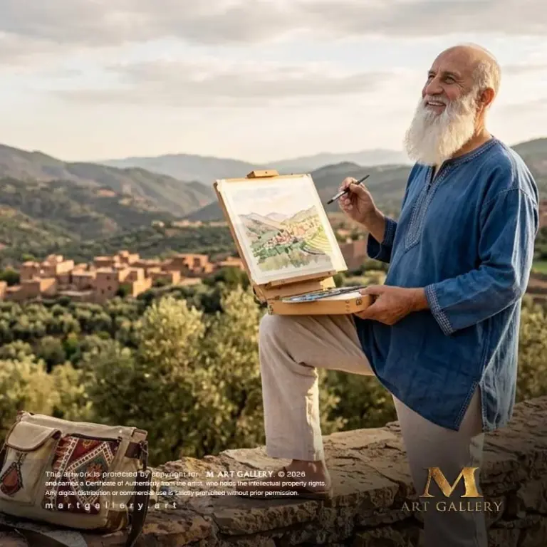 Perched high upon the Atlas ridges, the painter captures ancient Amazigh mud-brick villages in a live watercolor study, creating a poetic connection between the fluid sketch and the majestic landscape.