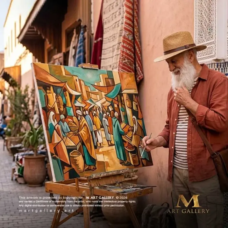 Embedded within historic alleyways, Jilali surprises the art world with a striking shift toward Cubism, masterfully deconstructing bustling open-air markets and traditional garments into dynamic, geometric visual planes.