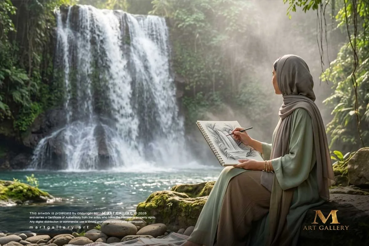 The fluid harmony of light and waterfalls ignites the spark of innovation, as the artist’s pencil captures nature's raw essence into a vibrant geometric sketch.
