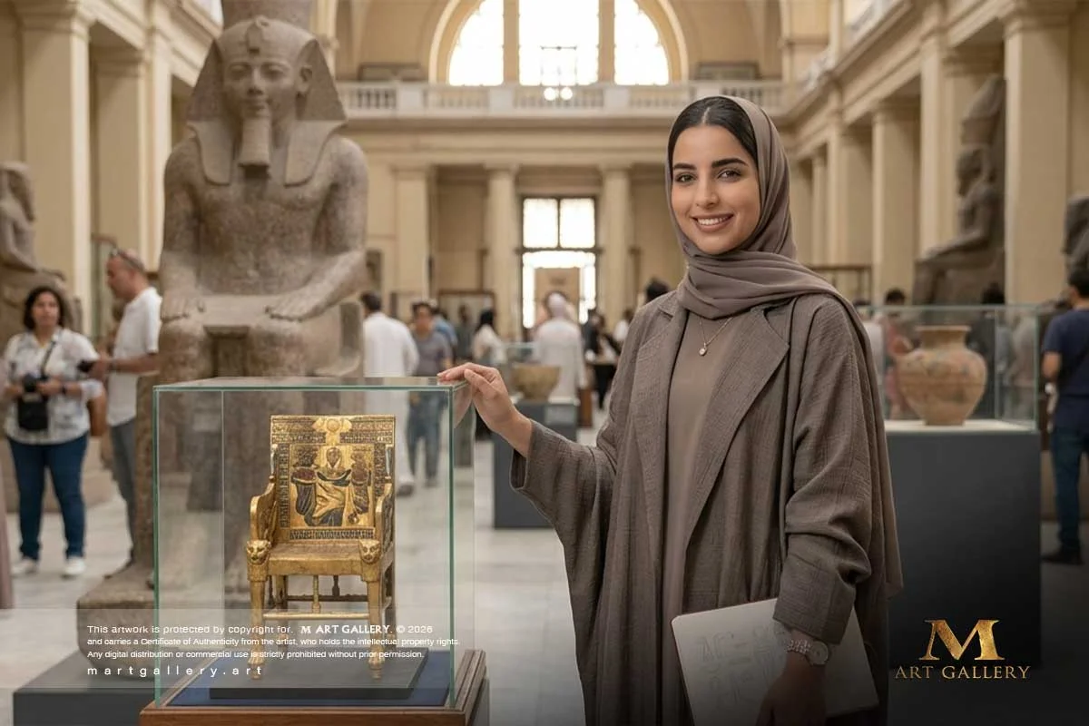 A majestic stance within the Egyptian Museum, absorbing the grand craftsmanship of ancestors to reshape Pharaonic heritage with a contemporary artistic vision.