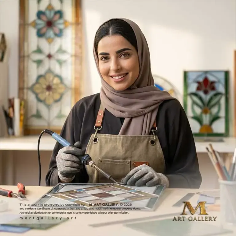 With a passionate smile and craftsmanship.. Artist Mariam AlQattan assembles symmetrical stained glass panes, weaving an upcoming wall masterpiece that distills ancient architectural heritage into a unique modern form.