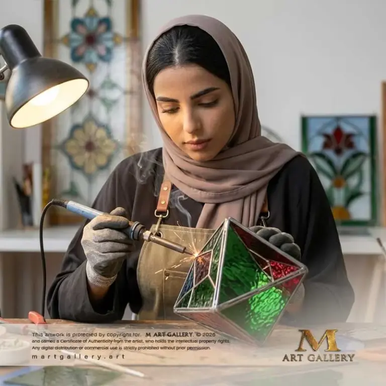 With ultimate precision.. Mariam AlQattan solders aged bronze seams to crystallize a modern geometric masterpiece, crafting an upcoming tabletop lantern that radiates warm luxury glow.