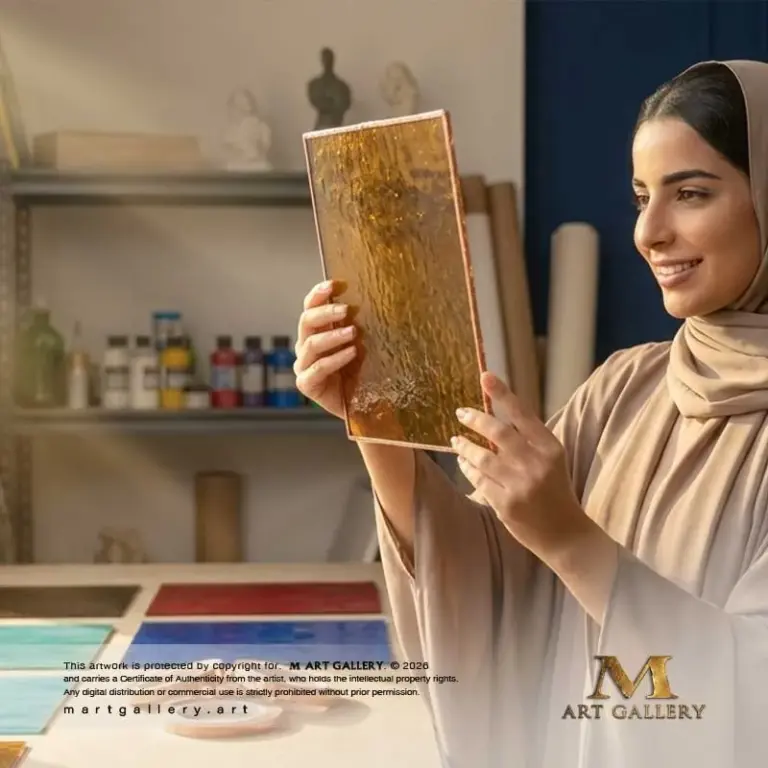 Behind the scenes.. Artist Mariam AlQattan examines the texture of raw amber art glass, preparing to fuse it into an upcoming geometric light sculpture that radiates a mesmerizing heritage glow.