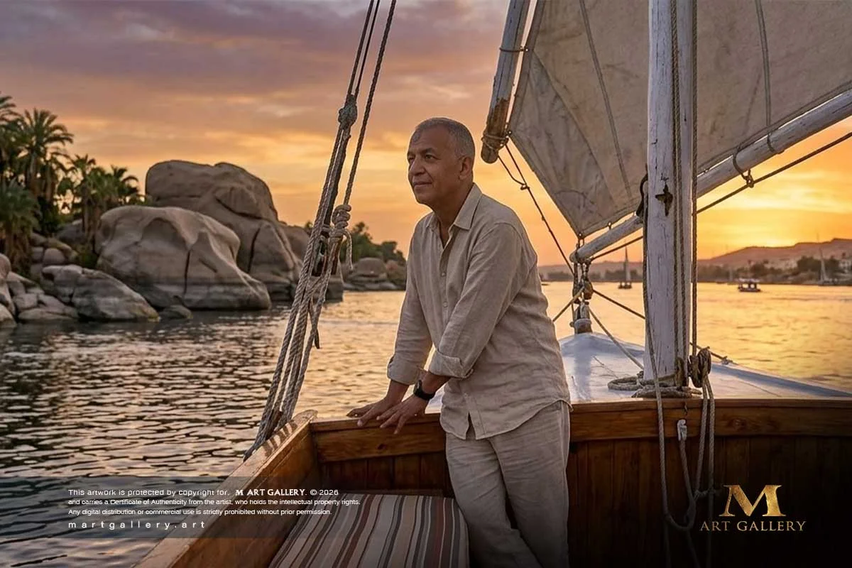 Mourtada Yosry embracing a moment of pure serenity aboard a traditional felucca, drawing the fluid grace of his sculptures from Aswan’s historic granite islands.