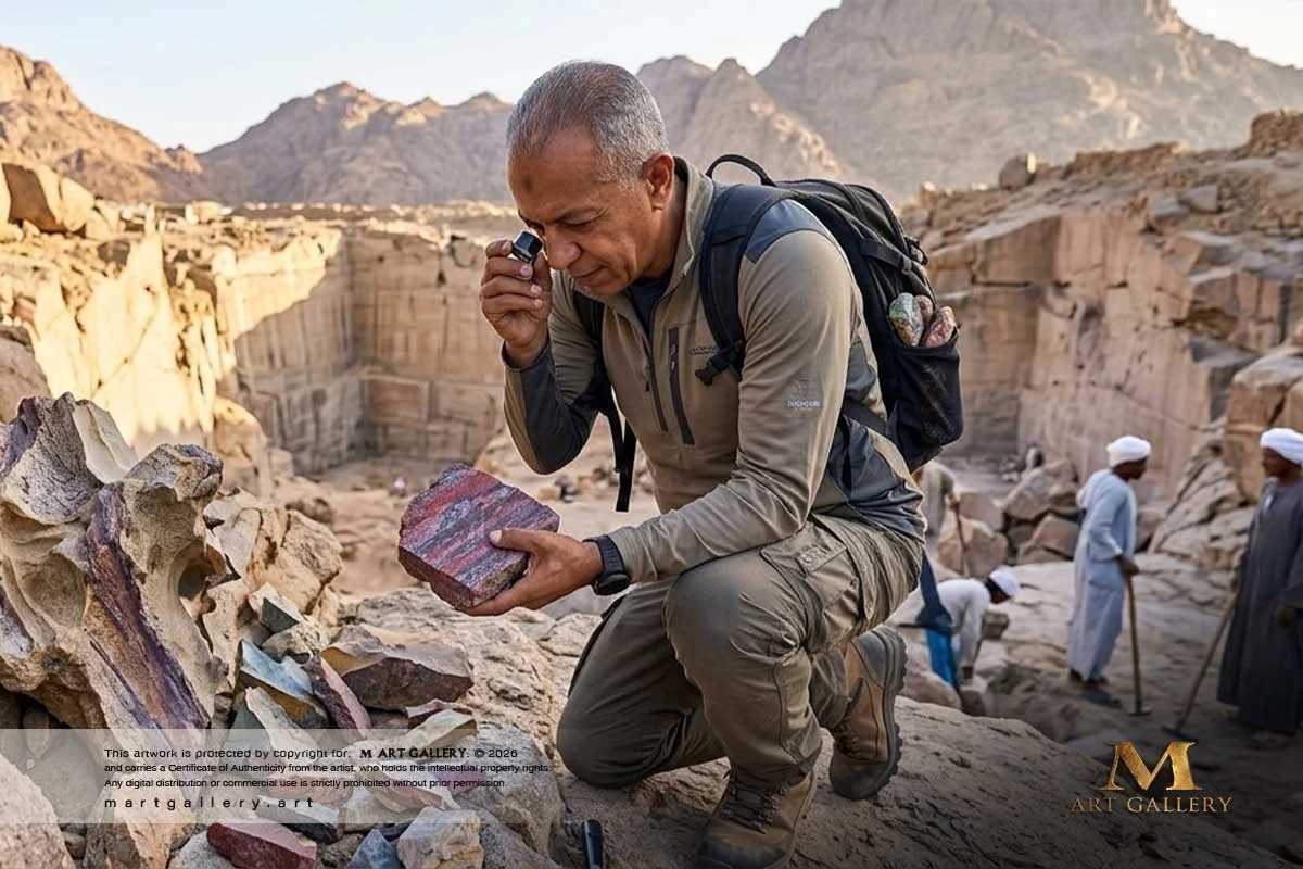 An adventurous immersion into the majestic Nubian mountains, where the sculptor meticulously examines ancient geological formations in search of rare stone canvases.