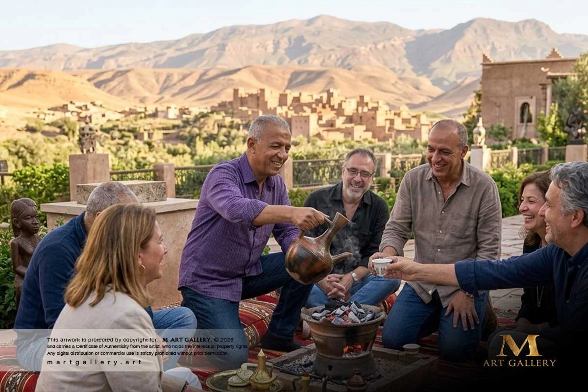 A warm, candid glimpse of Yosry’s convivial spirit, sharing the authentic rituals of traditional Aswan "Gabana" coffee with his circle of fellow creatives.