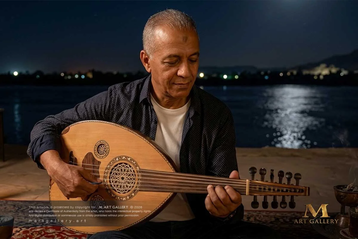 Amidst the nocturnal stillness of the Nile, Yosry coaxes delicate melodies from his Oud, revealing a poetic duality between symphonic grace and the rigorous mastery of stone and metal.