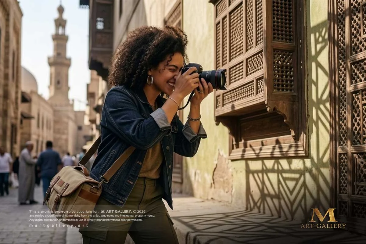Rowan Mekky capturing the interplay of shadows along historic Al-Muizz Street, extracting the geometric vernacular that inspires her cubist forms.
