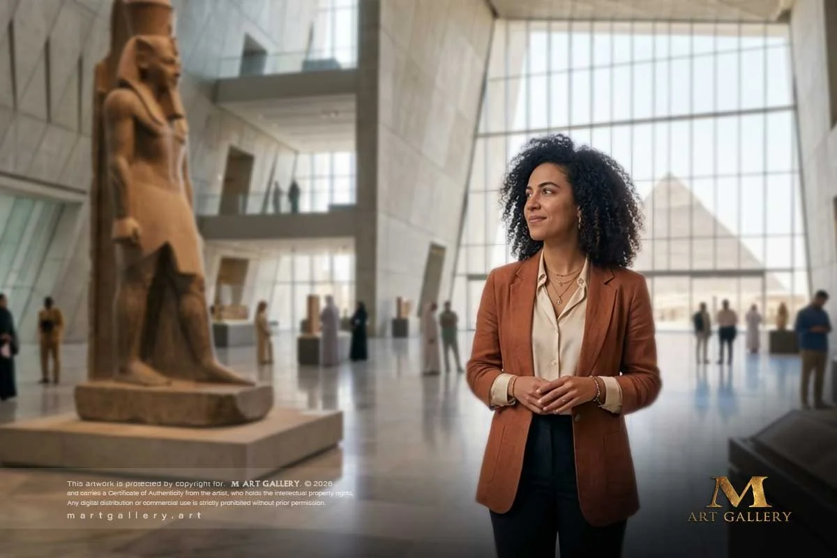 Rowan Mekky in profound contemplation before monumental history at the Grand Egyptian Museum, drawing structural symmetry from ancient proportions.