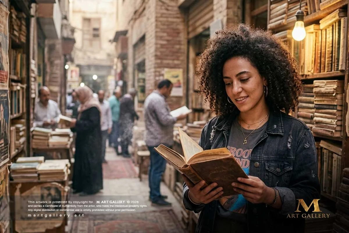 Rowan Mekky exploring rare manuscripts within the historic Azbakeya market, nurturing her abstract philosophy with ancestral literature and cultural depth.