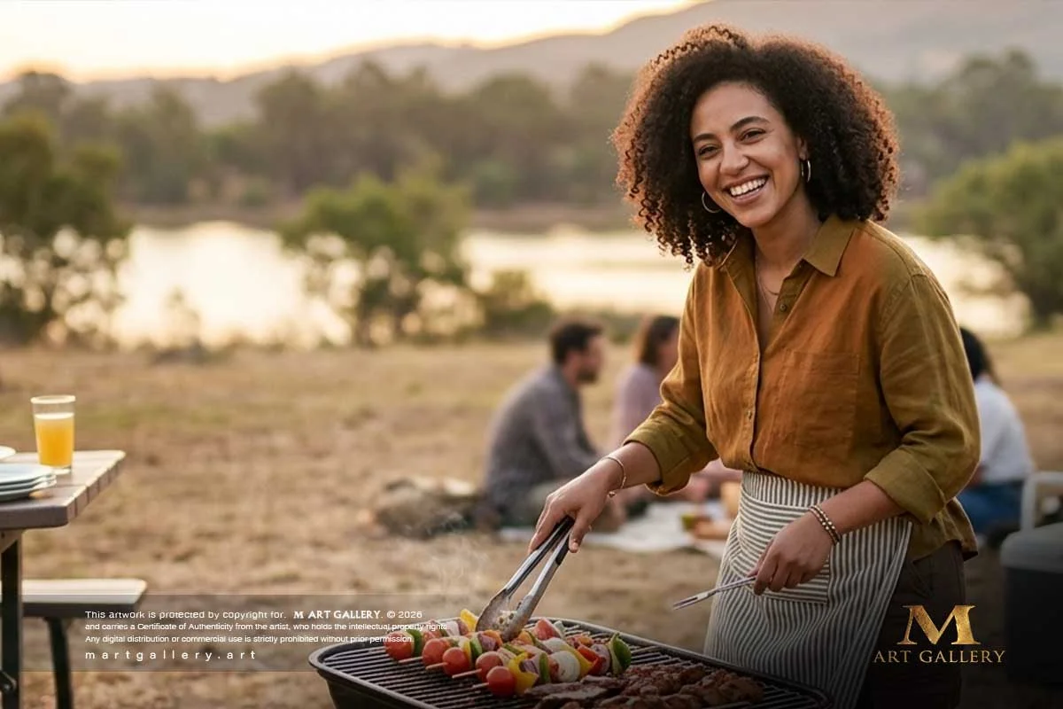 A warm look at Mekky’s convivial lifestyle, celebrating culinary camaraderie and leisure during an curated outdoor gathering away from her studio.