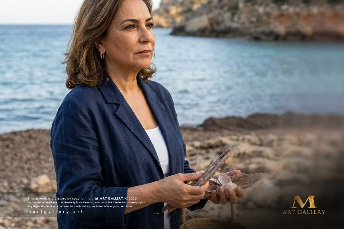 High upon Alexandrian shores, Zeinab contemplates the ocean's cadence, gathering organic elements that inspire her sculptural textures.