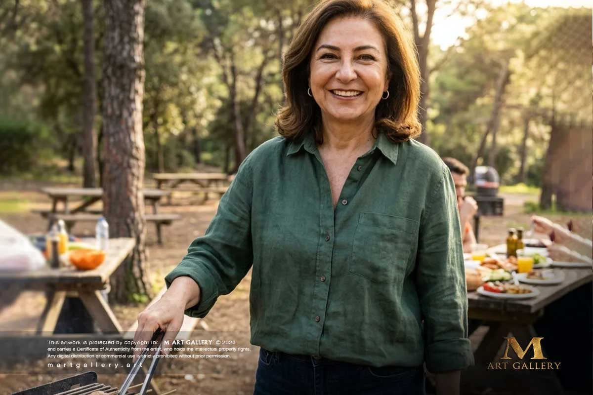Far from the loom, Zeinab embraces the warmth of outdoor gatherings, finding artistic renewal in life’s most convivial moments.