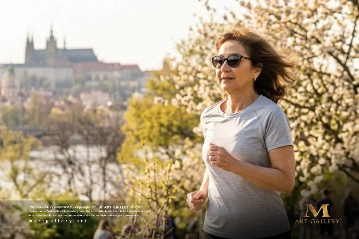 Traversing sunlit paths, Zeinab finds mental clarity and creative rejuvenation through the rhythmic harmony of open-air movement.