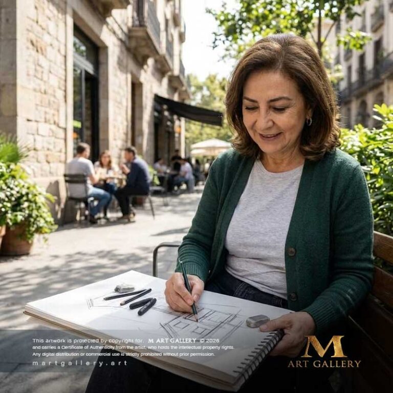 Artist Zainab El-Kamel sketching the intricate structural outlines and foundational designs for her upcoming monumental wall installation.