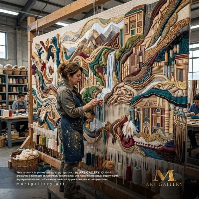 Artist Zainab El-Kamel working inside her monumental studio, meticulously weaving the highly-textured, three-dimensional details of her architectural heritage-inspired textile mural.