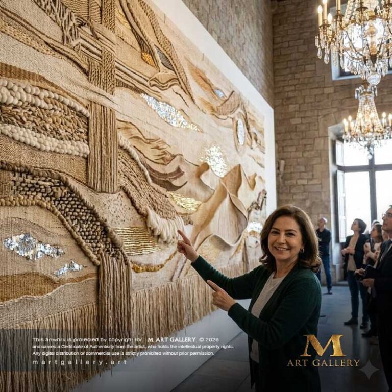 Artist Zainab El-Kamel proudly presenting her completed monumental textile mural to admiring guests inside the luxury gallery hall.