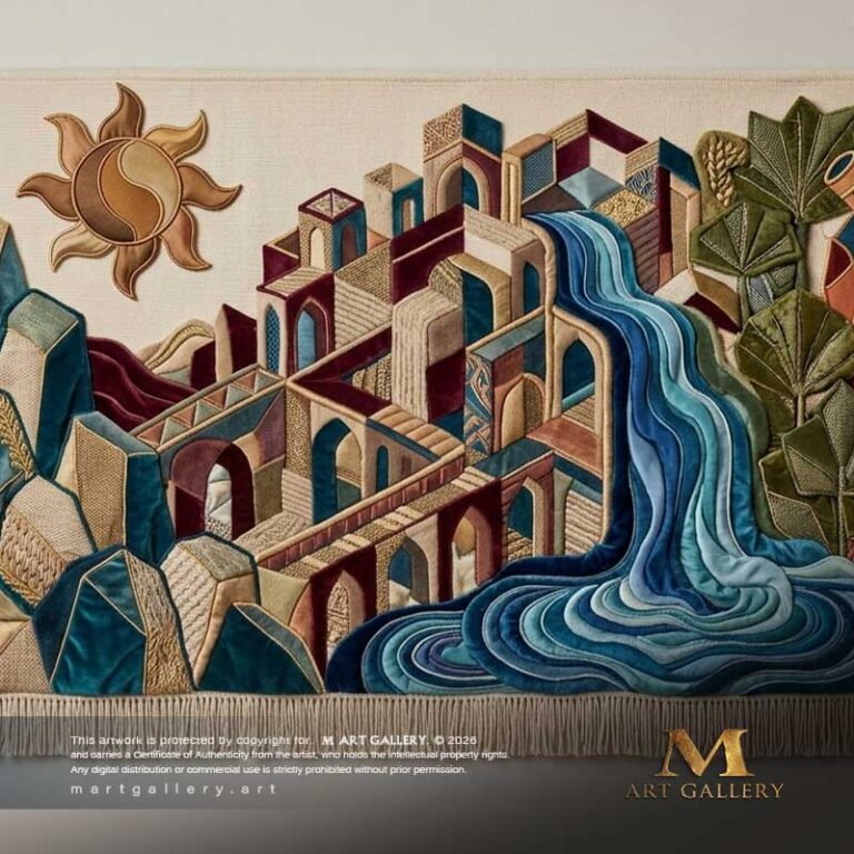 A high-relief sculptural textile mural blending luxury velvet and fibers to depict flowing waters winding through geometric architecture and historical landmarks.