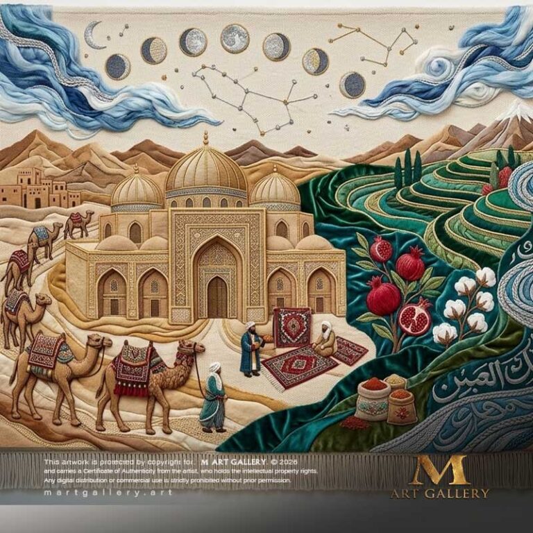 A monumental 3D textile mural portraying the silk road and oriental heritage, blending intricate sculptural architecture, landscapes, and rich fibrous textures.