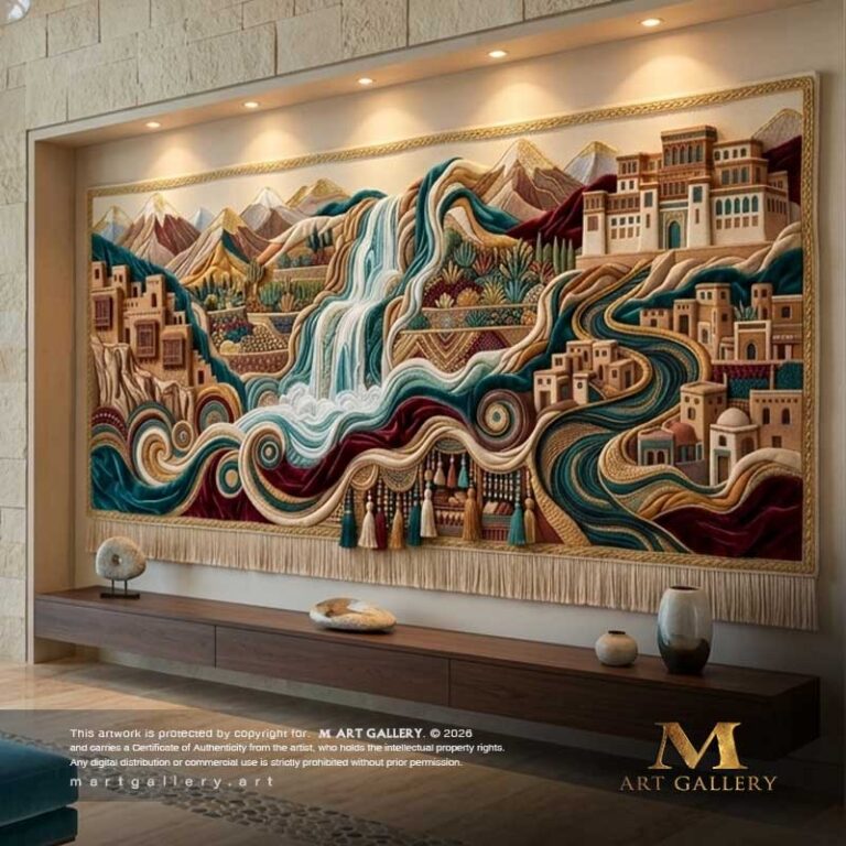 The mural narrates the tale of forgotten coastal citadels standing resilient against cascading waterfalls and roaring ocean waves, embodying the timeless synergy between architecture and nature.