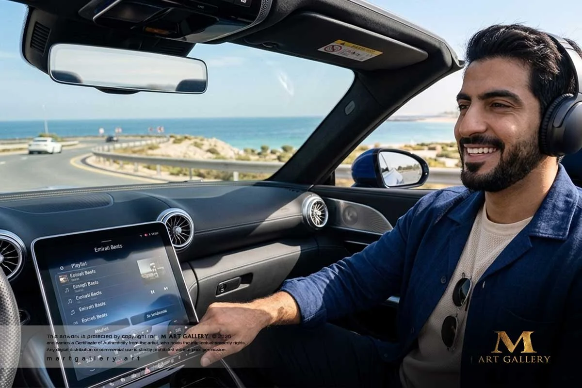 “Enjoying a scenic coastal drive alongside a close friend, Ziad Al Qasimi embraces a moment of pure, spontaneous joy, immersed in his favorite melodies in his convertible at sunset.”