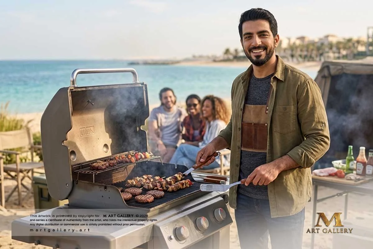 “In perfect harmony with the serene wilderness, Ziad Al Qasimi enjoys a warm culinary retreat under the desert sky, celebrating moments of raw authenticity.”