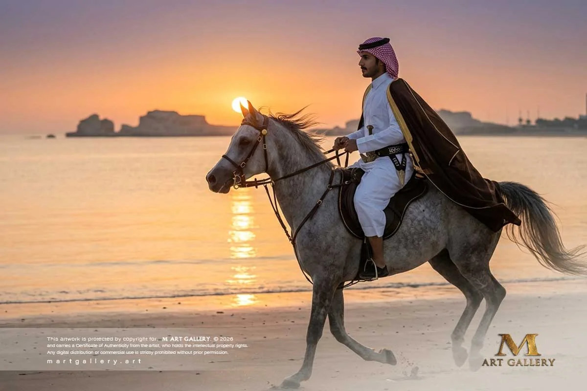 “Cloaked in traditional equestrian elegance, Ziad Al Qasimi embodies noble heritage and profound cultural pride astride an Arabian steed at dawn.”